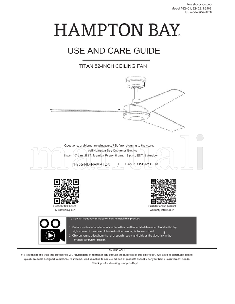 Hampton Bay 52401 52402 52409 52-TITN (32 pages) Ceiling Fan Operating Manual