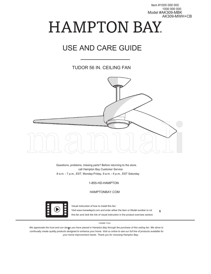 Hampton Bay AK309-MBK (19 pages) Ceiling Fan Operating Manual