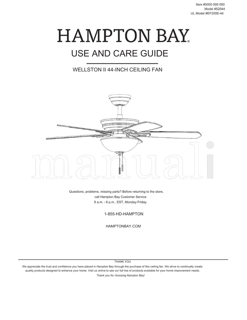 Hampton Bay 52044 EF200E-44 (30 pages) Ceiling Fan Operating Manual