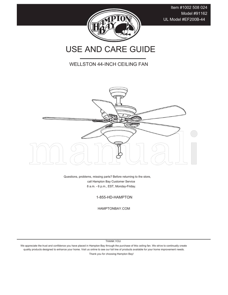 Hampton Bay 91162 EF200B-44 (30 pages) Ceiling Fan Operating Manual