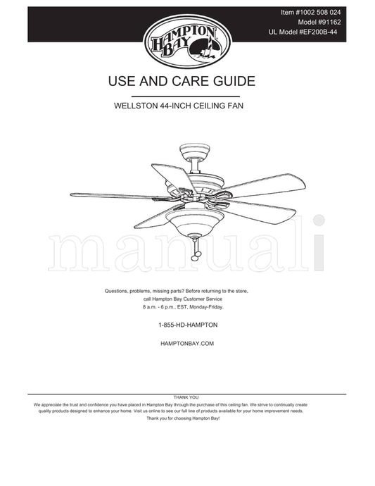 Hampton Bay 91162 EF200B-44 (30 pages) Ceiling Fan Operating Manual