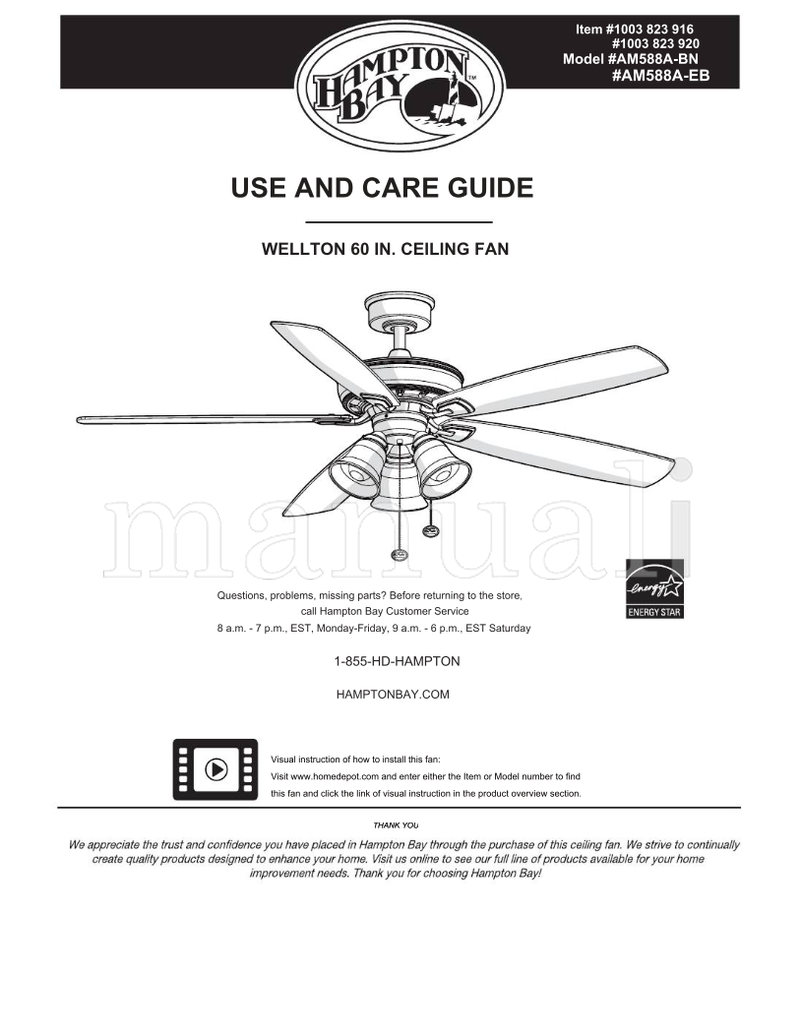 Hampton Bay AM588A-BN AM588A-EB (22 pages) Ceiling Fan Operating Manual