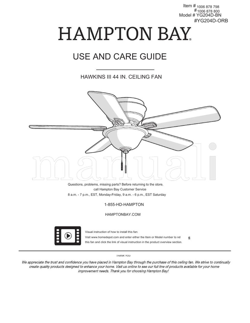 Hampton Bay YG204D-BN YG204D-ORB (15 pages) Ceiling Fan Operating Manual