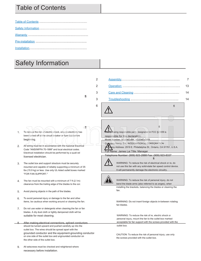 Hampton Bay YG204D-BN YG204D-ORB (15 pages) Ceiling Fan Operating Manual