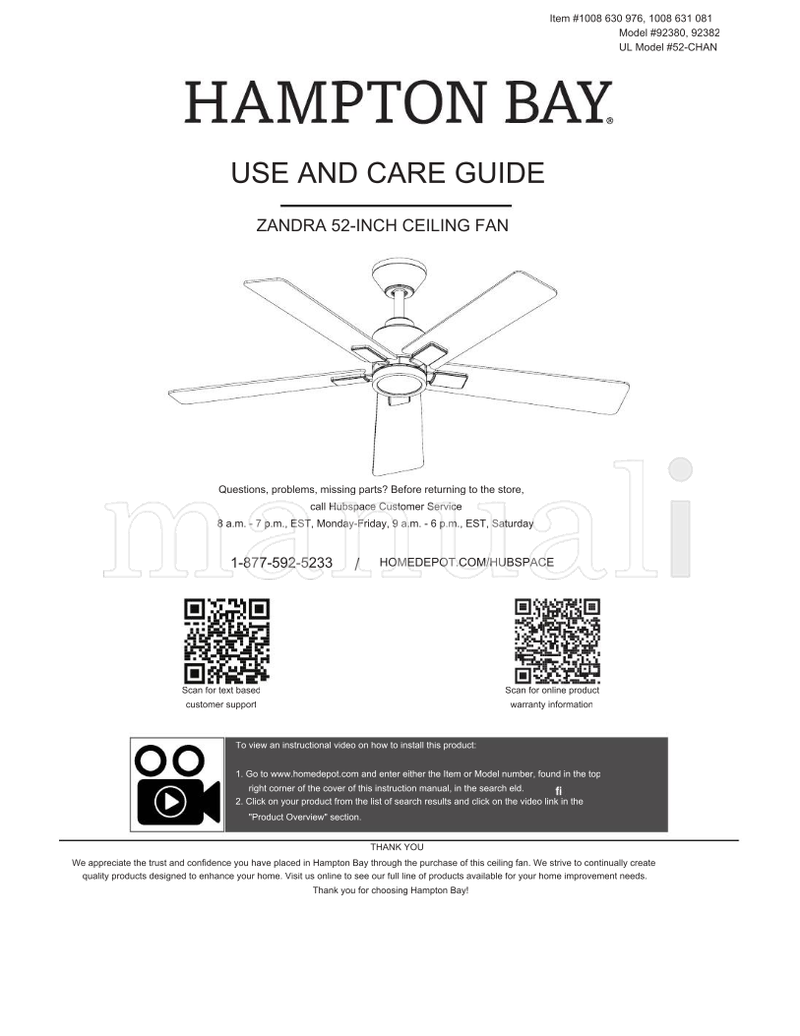 Hampton Bay 92380 92382 52-CHAN (38 pages) Ceiling Fan Operating Manual