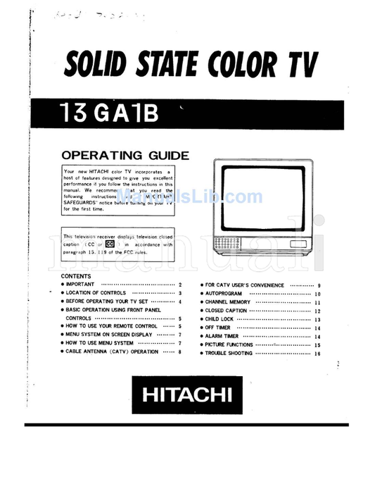 Hitachi 13GA1B (17 pages) TV Operating Manual