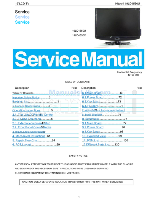Hitachi 19LCD 19LD4550U 19LD4550C (130 pages) TV Service Manual