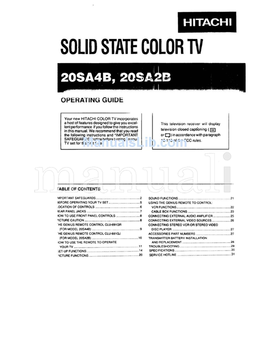 Hitachi 20SA2B (32 pages) TV Operating Manual