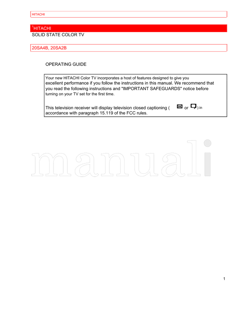 Hitachi 20SA4B 20SA2B (44 pages) TV Operating Manual