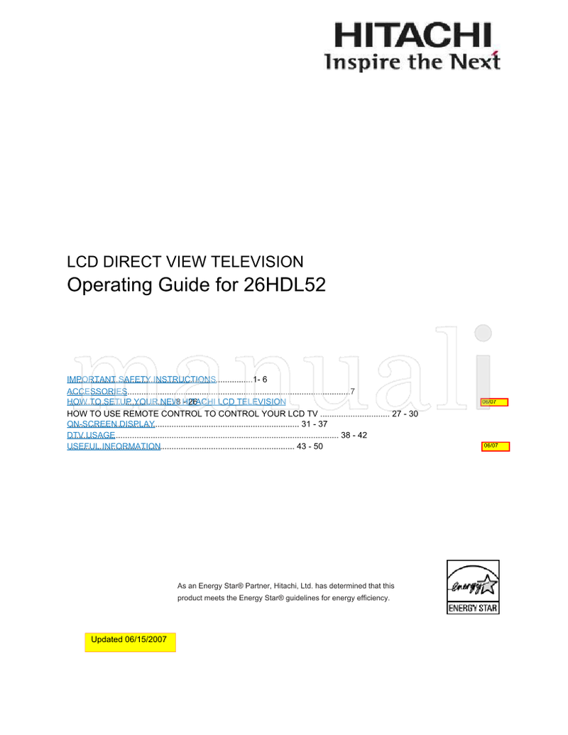 Hitachi 26HDL52 - LCD Direct View (52 pages) TV Operating Manual