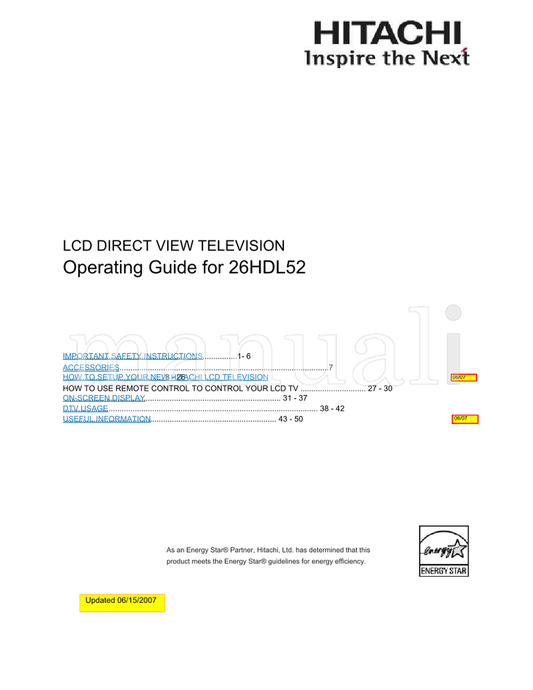 Hitachi 26HDL52 - LCD Direct View (52 pages) TV Operating Manual
