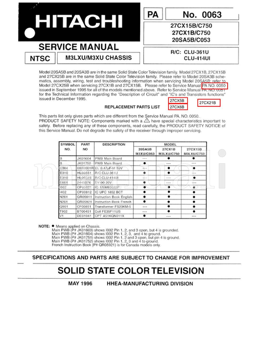 Hitachi 27CX5B 27CX21B 27CX6B (65 pages) TV Service Manual