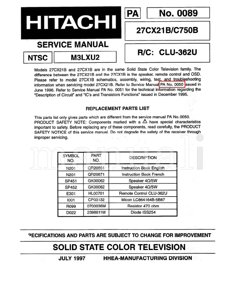Hitachi 27CX5B 27CX21B 27CX6B (65 pages) TV Service Manual