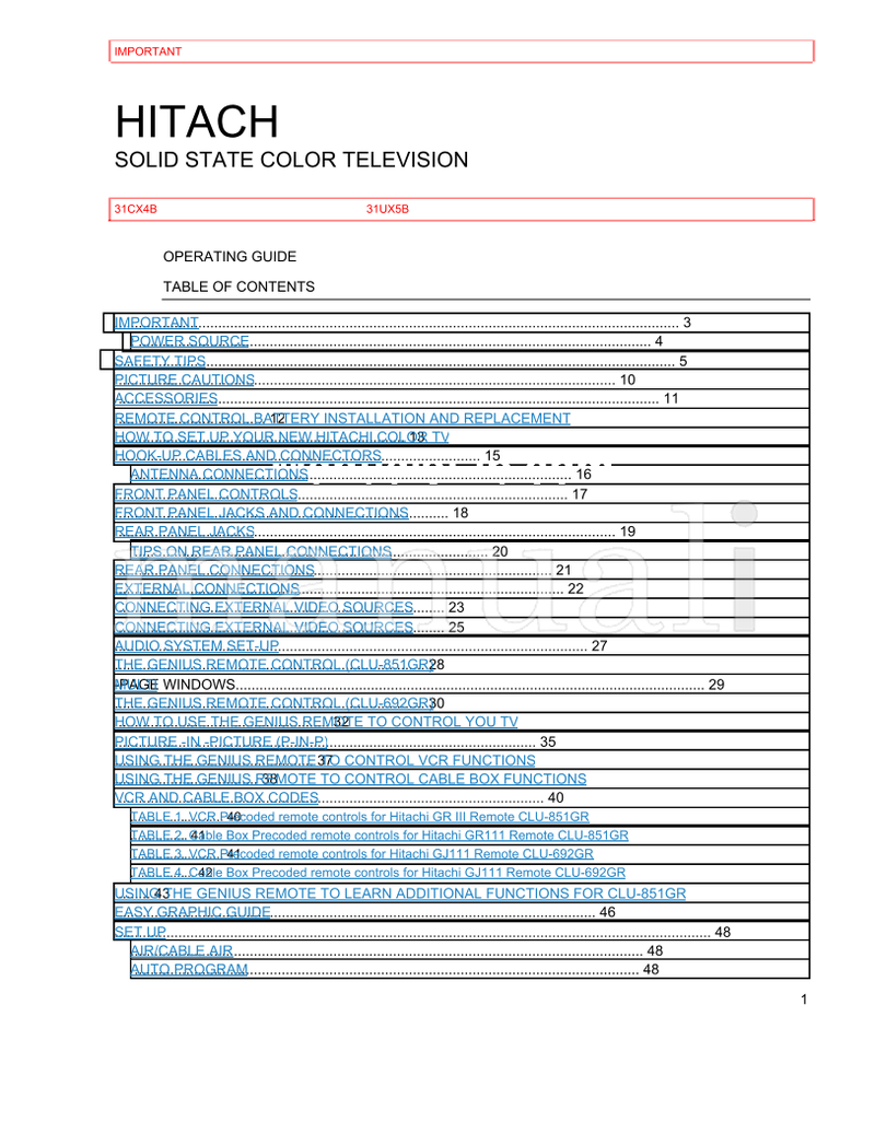 Hitachi 31CX4B 31UX5B (70 pages) TV Operating Manual