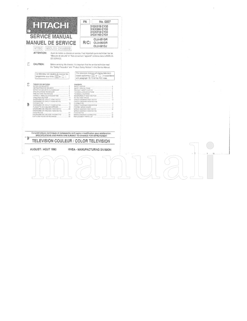 Hitachi 31DX21B CY33 31DX11B CY31 CLU-851GR CLu-692GR CLU-681GJ CY35 (29 pages) TV Service Manual