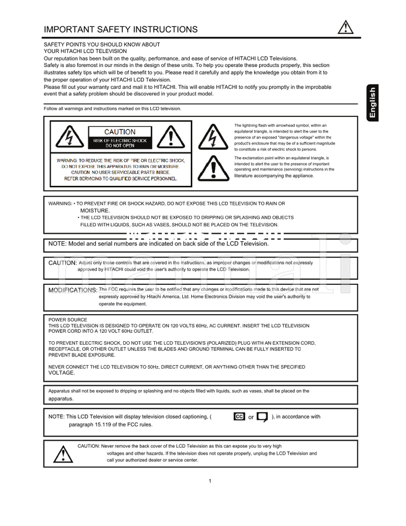 Hitachi 37HDL52A (53 pages) TV Operating Manual