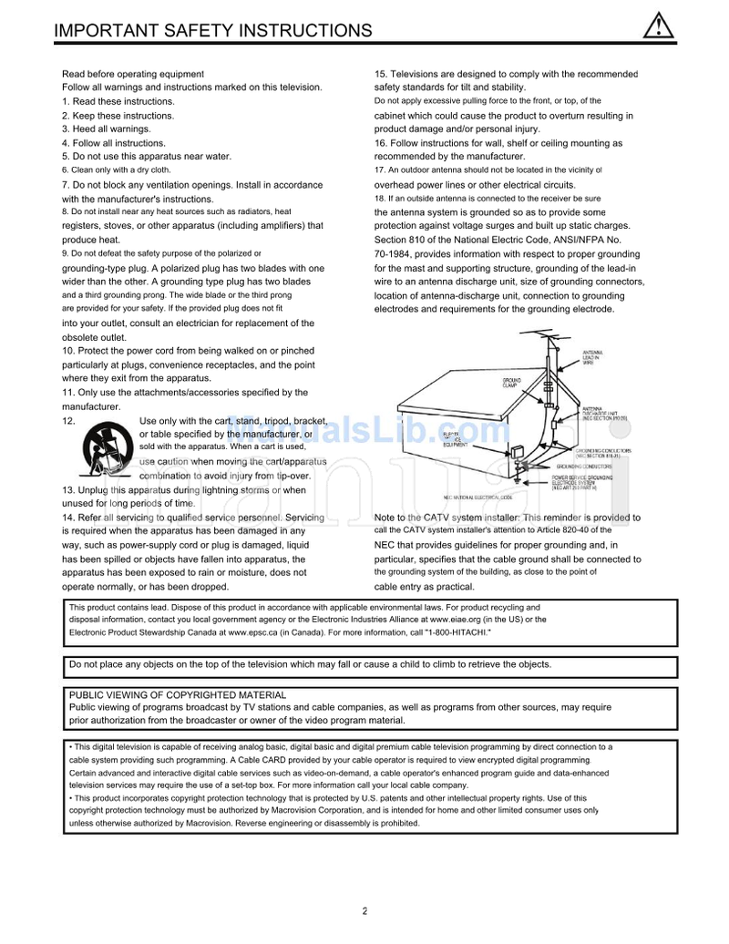 Hitachi 37HDL52A (53 pages) TV Operating Manual