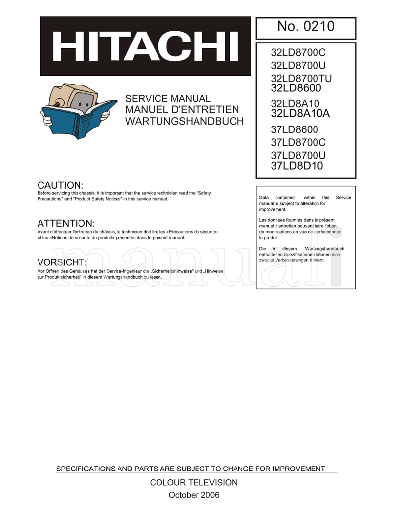 Hitachi 32LD8700C 32LD8700U 32LD8700TU 32LD8600 32LD8A10 32LD8A10A (64 pages) TV Service Manual