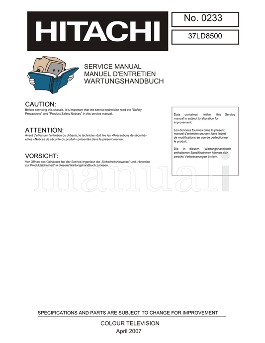 Hitachi 37LD8500 (17 pages) TV Service Manual
