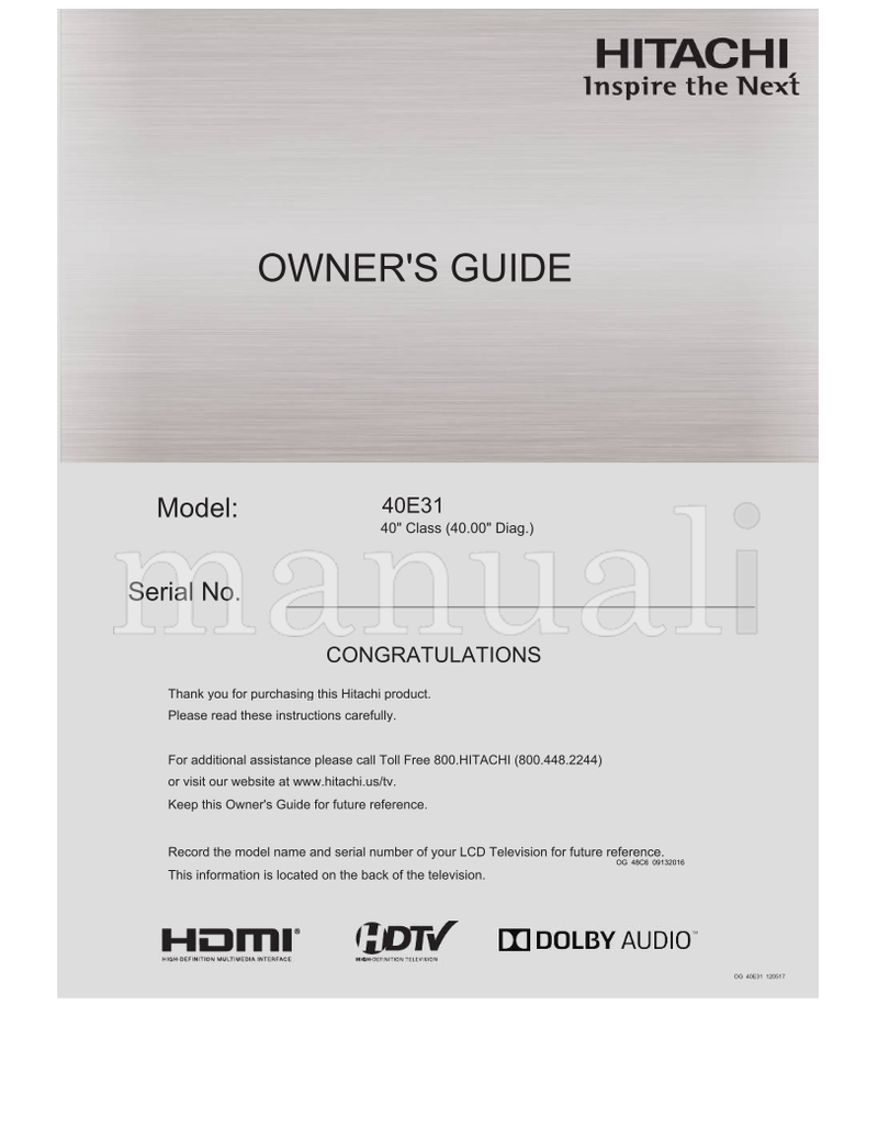 Hitachi 40E31 OG48C609132016 OG40E31120517 (31 pages) TV Operating Manual