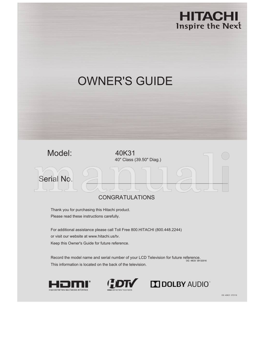 Hitachi 40K31 OG48C609132016 OG40K31073118 (31 pages) TV Operating Manual