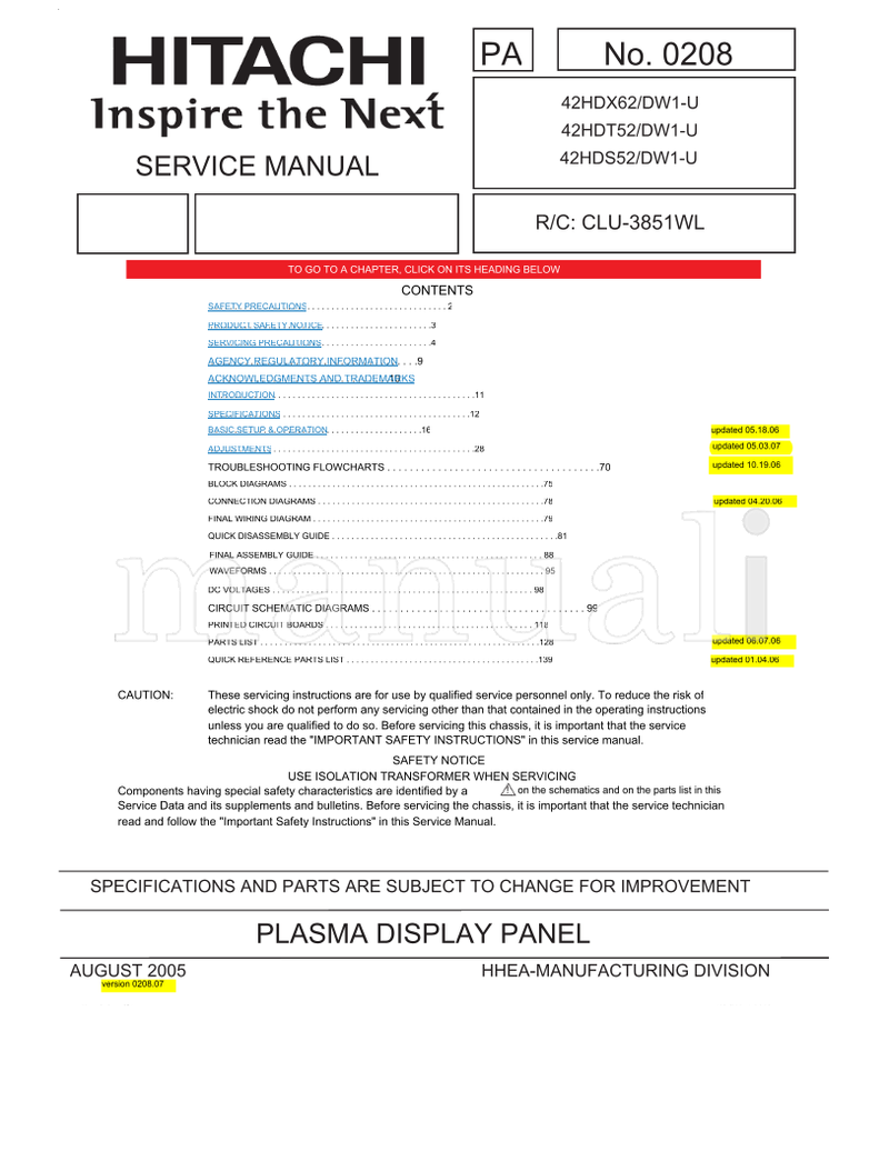 Hitachi 0208 42HDX62 DW1-U 42HDT52 42HDS52 (140 pages) TV Service Manual
