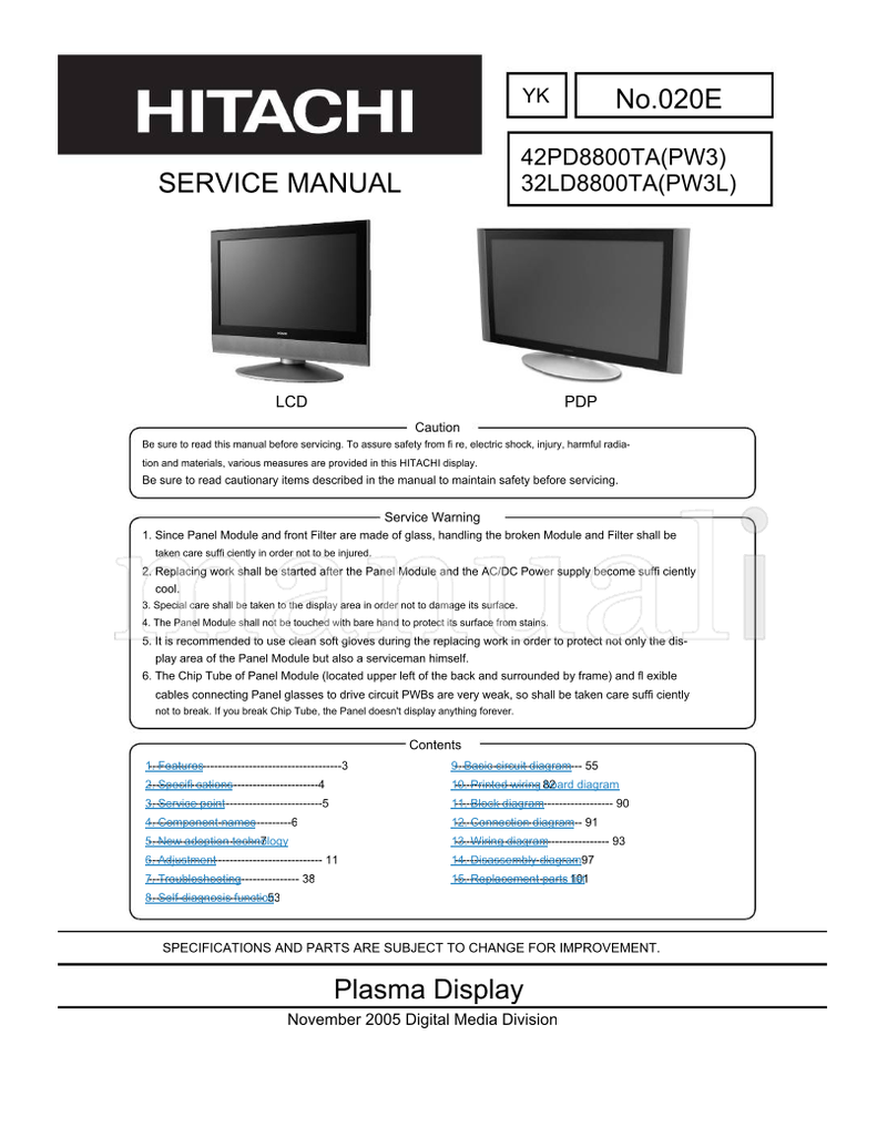 Hitachi 42PD8800TA(PW3) (128 pages) TV Service Manual