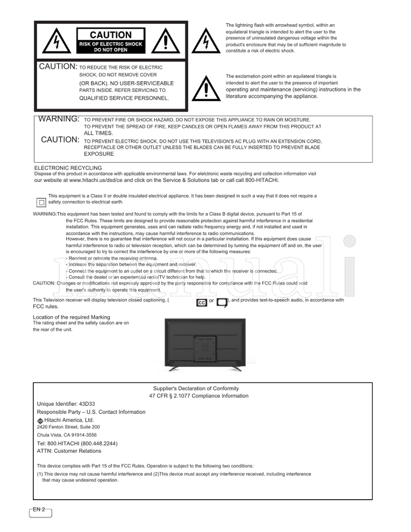 Hitachi 43D33 OG48C609132016 OG43D3305052020 (31 pages) TV Operating Manual