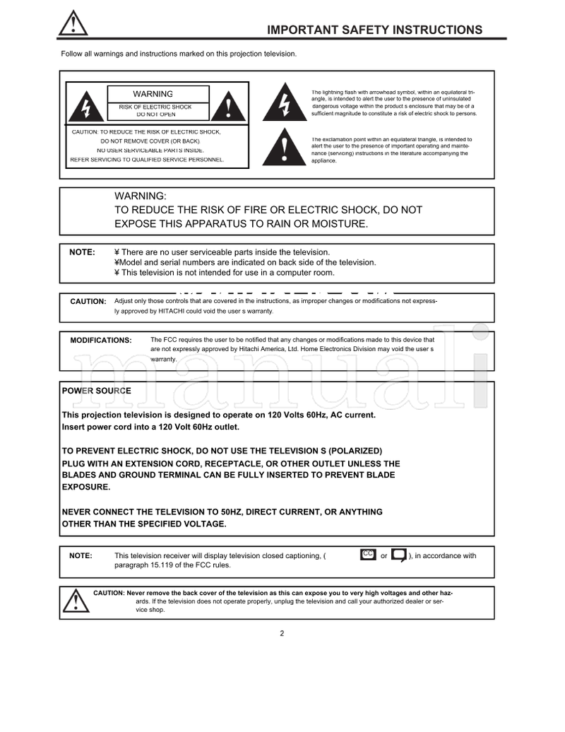 Hitachi 43GX10B 50GX30B 50DX10B 60DX10B (61 pages) TV Operating Manual