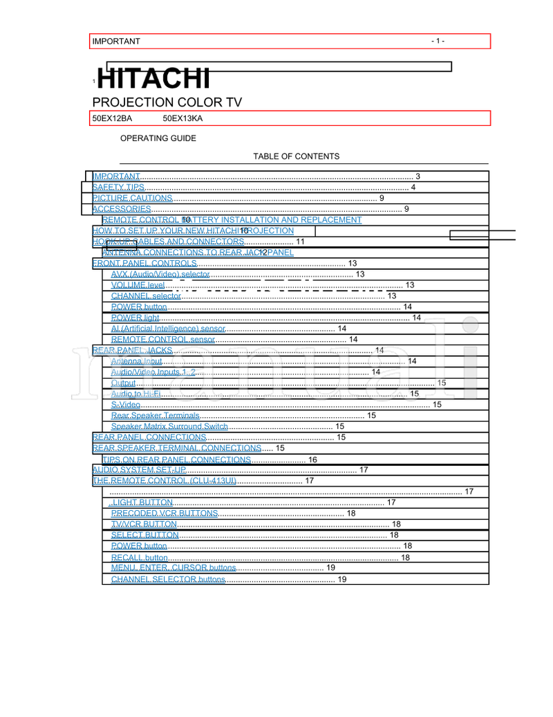 Hitachi 50EX12BA 50EX13KA (47 pages) TV Operating Manual