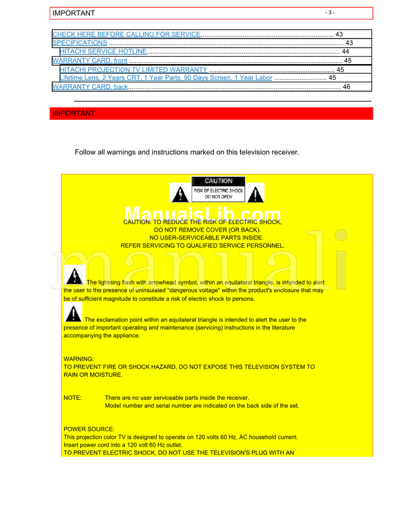 Hitachi 50EX12BA 50EX13KA (47 pages) TV Operating Manual