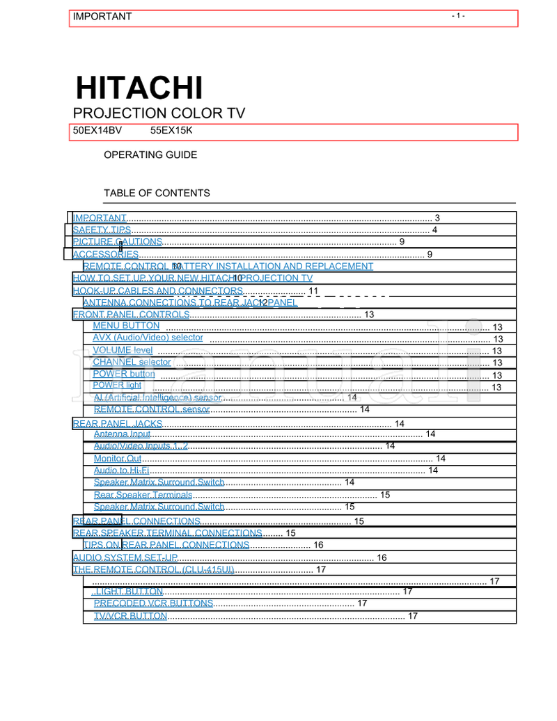 Hitachi 50EX14BV 55EX15K (44 pages) TV Operating Manual