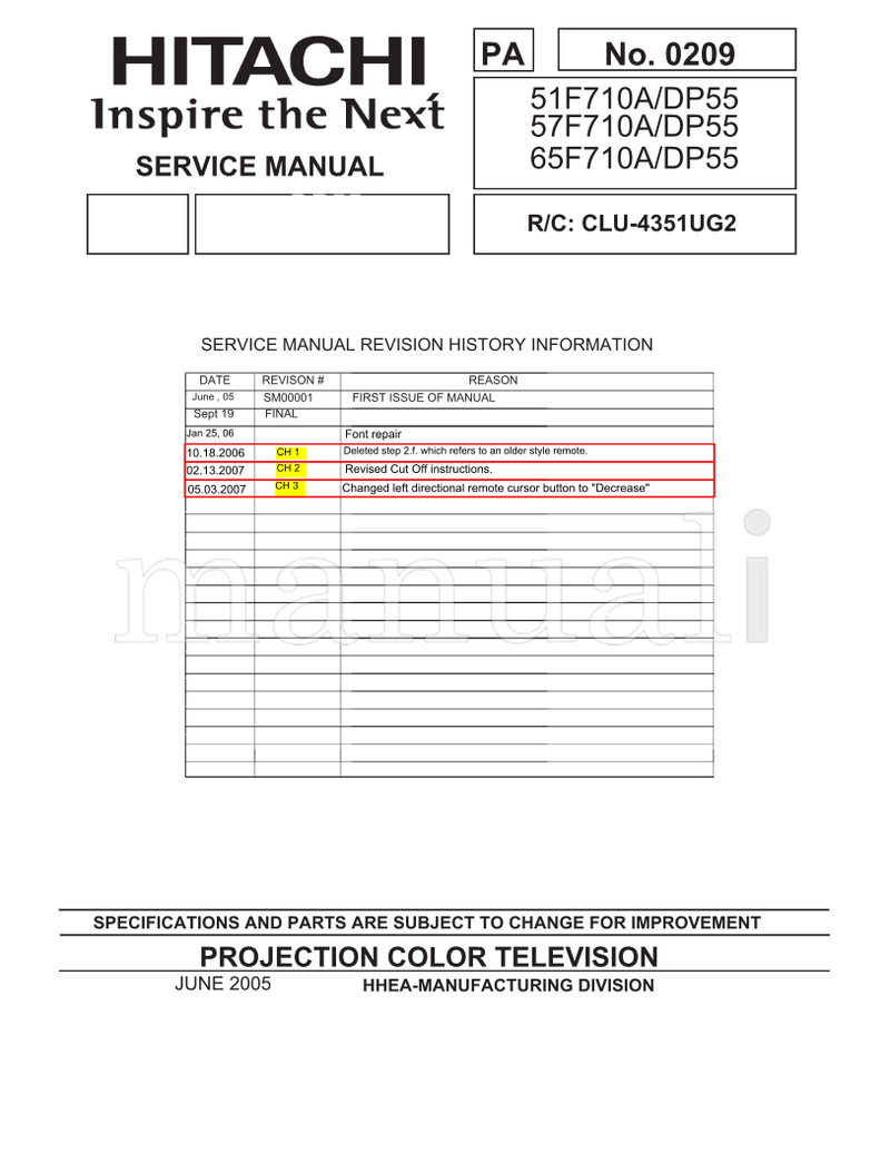 Hitachi 05 06 SM00001 51F710A DP55 57F710A 65F710A (187 pages) TV Service Manual