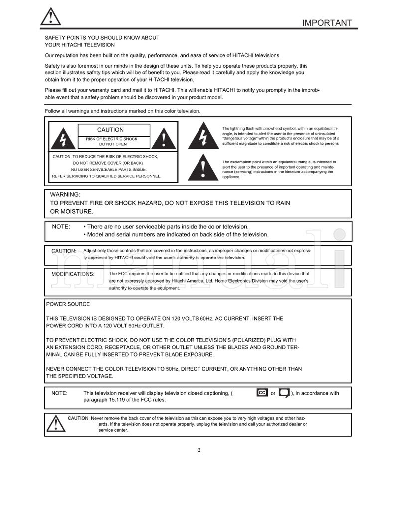 Hitachi 65SWX20B 57SWX20B 51SWX20B 65TWX20B 57TWX20B (72 pages) TV Operating Manual