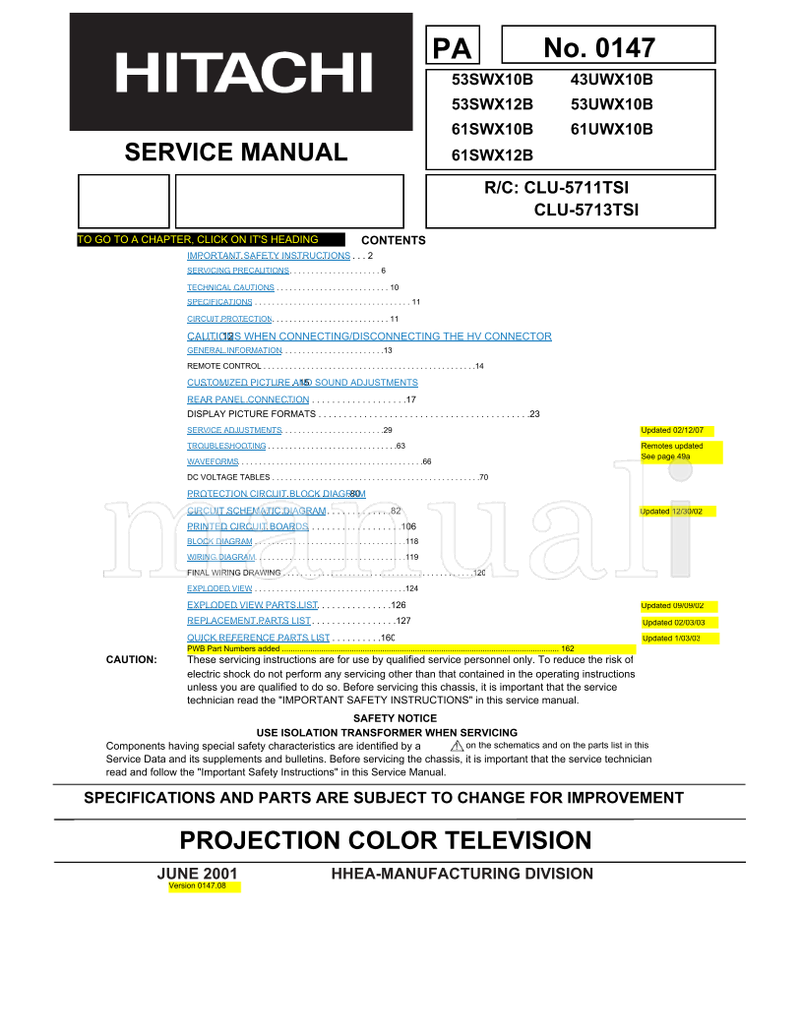 Hitachi 53SWX10B 53SWX12B 61SWX10B 61SWX12B CLU-5713TSI 43UWX10B (171 pages) TV Service Manual