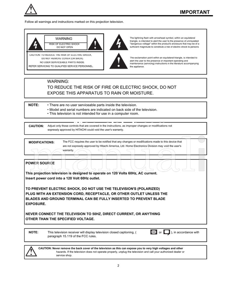 Hitachi 61SWX10B 61SWX12B 53SWX10B 53SWX12B 53UWX10BA 61UWX10BA (76 pages) TV Operating Manual