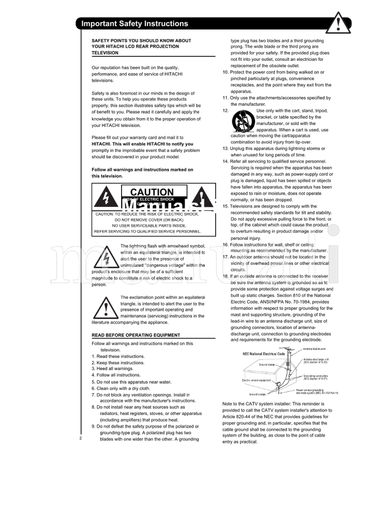 Hitachi 50VG825 55VG825 60VG825 (104 pages) TV Operating Manual