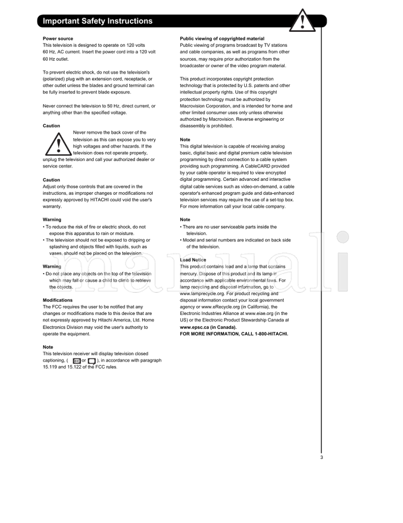 Hitachi 50VG825 55VG825 60VG825 (104 pages) TV Operating Manual