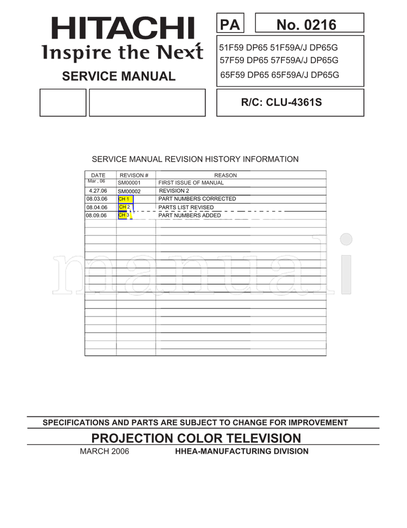 Hitachi DP65 DP65G 06 SM00001 SM00002 (183 pages) TV Service Manual