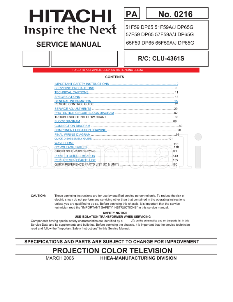 Hitachi DP65 DP65G 06 SM00001 SM00002 (183 pages) TV Service Manual