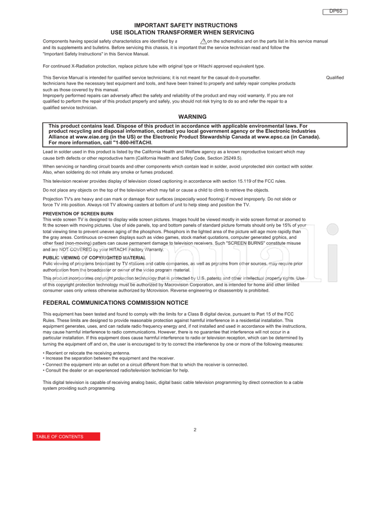 Hitachi DP65 DP65G 06 SM00001 SM00002 (183 pages) TV Service Manual