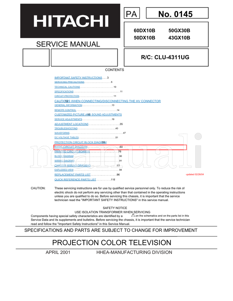 Hitachi 60DX10B 50DX10B 50GX30B 43GX10B 26 04 (119 pages) TV Service Manual