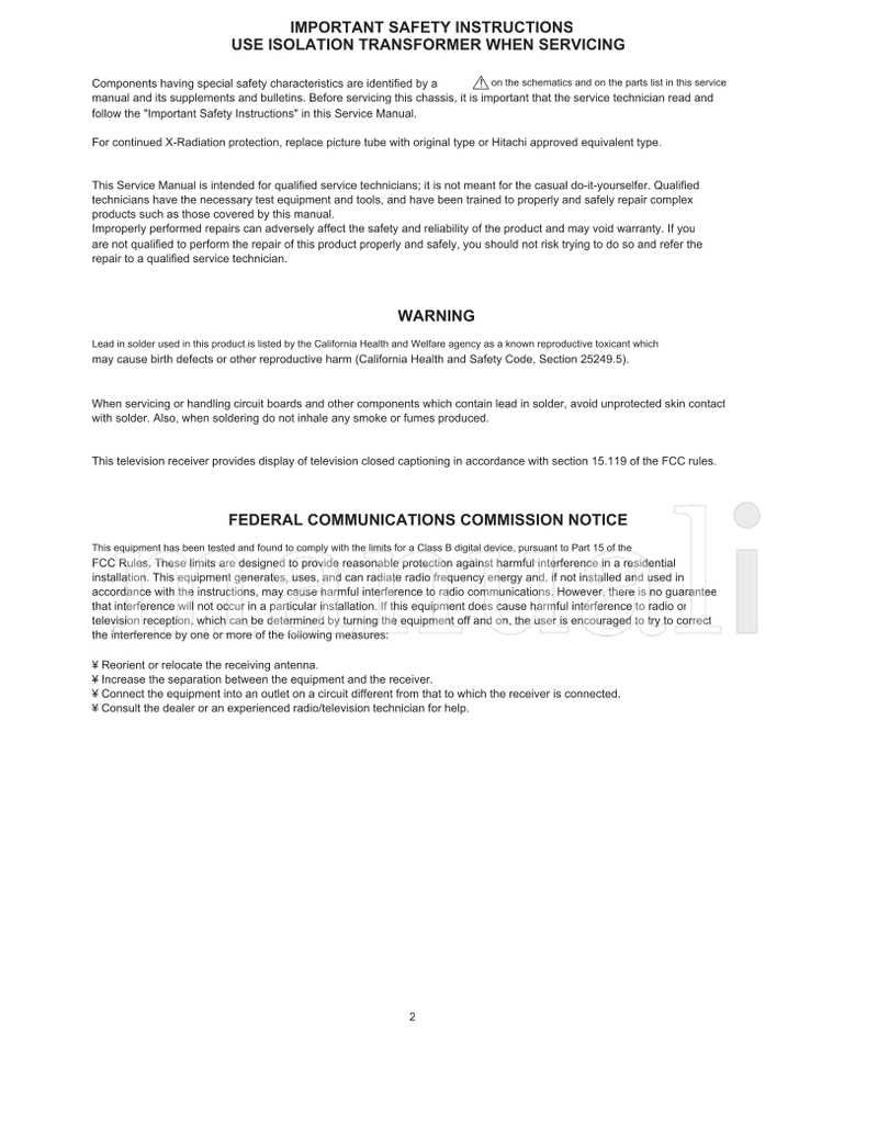 Hitachi 60DX10B 50DX10B 50GX30B 43GX10B 26 04 (119 pages) TV Service Manual