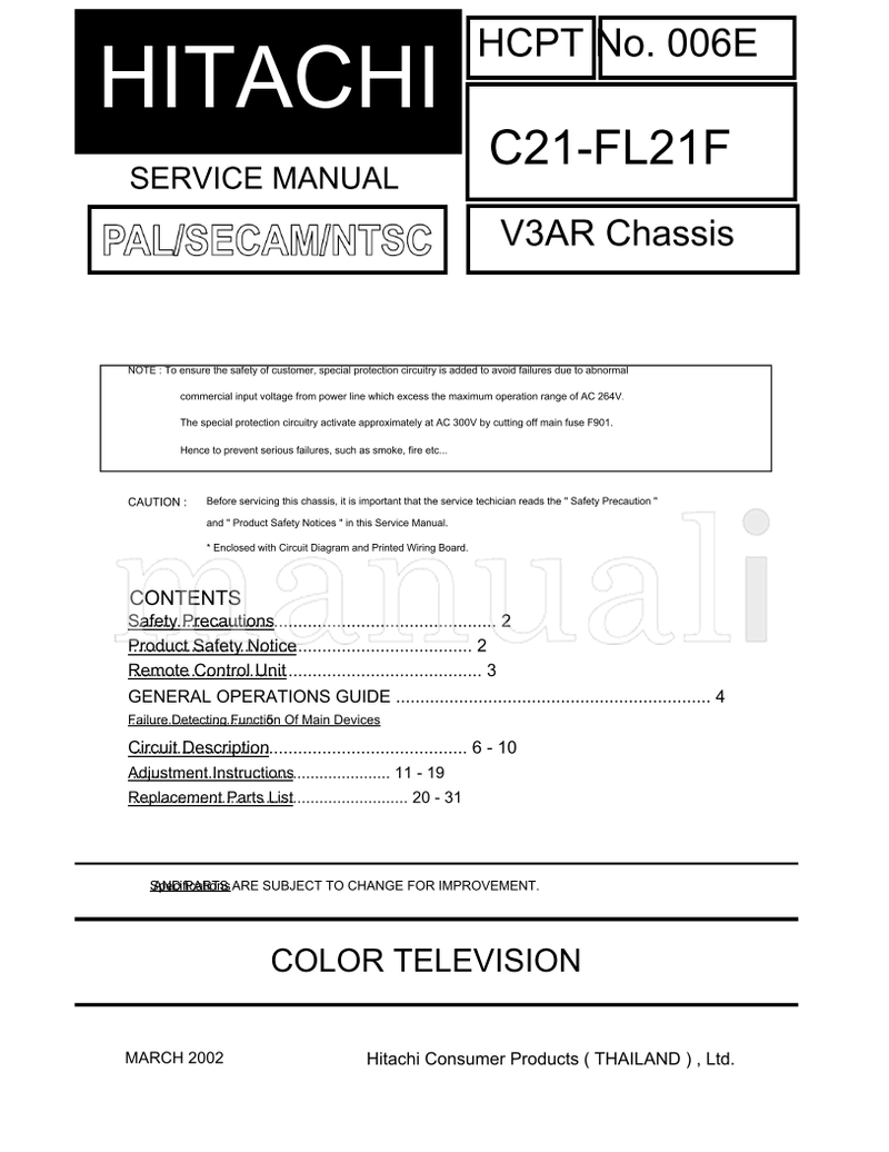 Hitachi C21-FL21F (36 pages) TV Service Manual