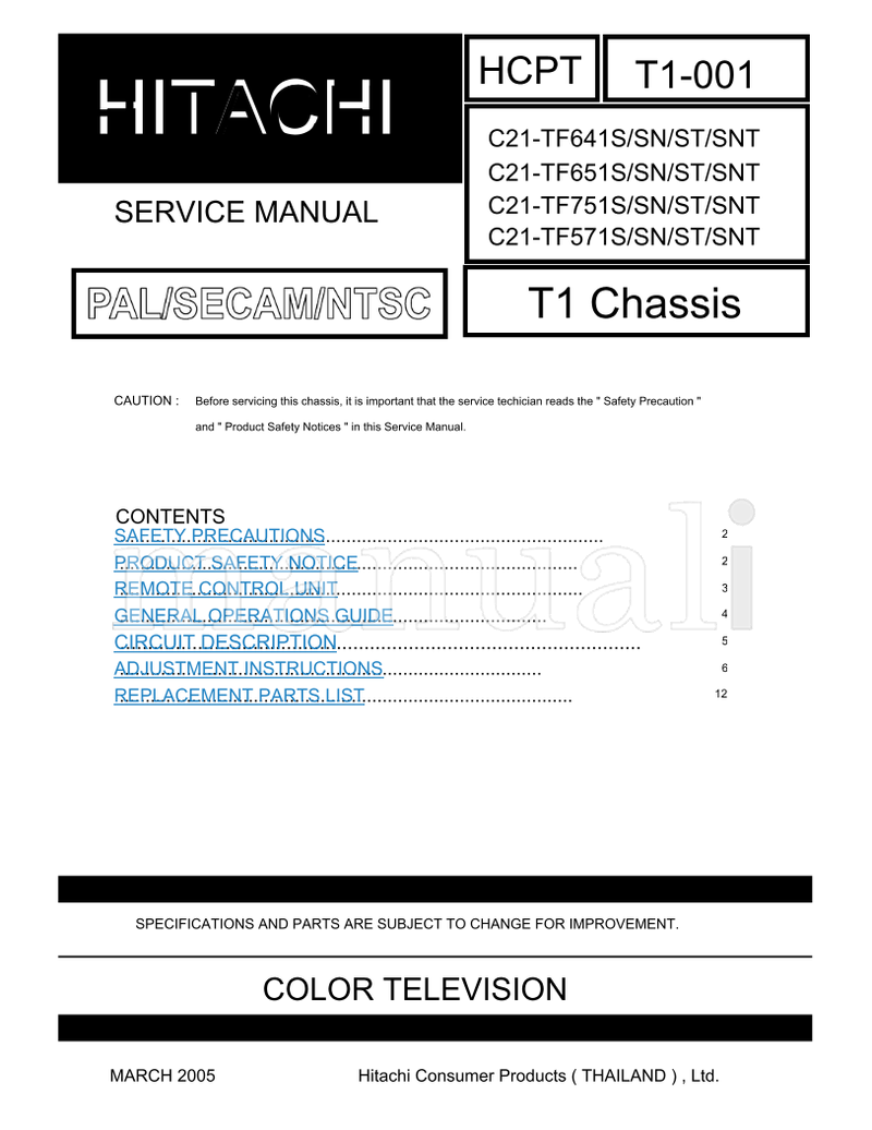 Hitachi C21-TF641S C21-TF651S C21-TF751S C21-TF571S T1-001 (33 pages) TV Service Manual