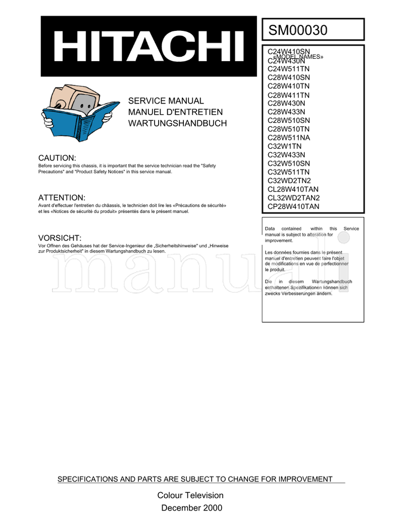Hitachi SM00030 C24W410SN C24W430N C24W511TN C28W410SN C28W410TN (133 pages) TV Service Manual