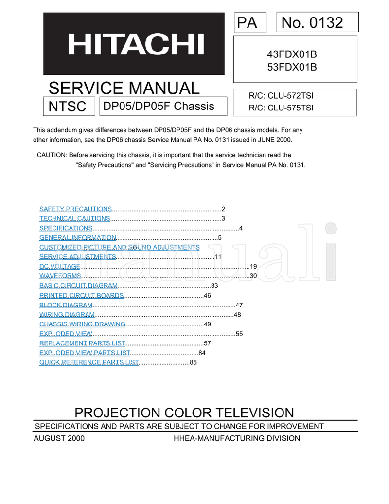 Hitachi DP05 DP05F 43FDX01B 53FDX01B (86 pages) TV Service Manual