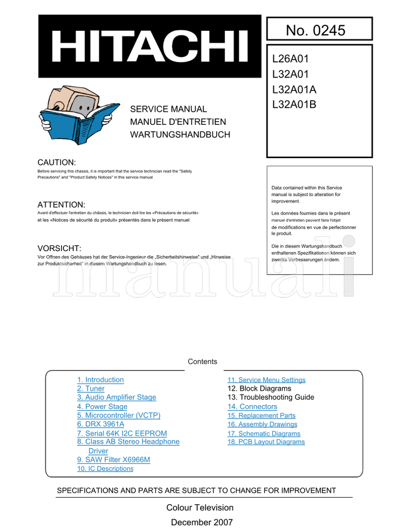Hitachi L26A01 L32A01 L32A01A L32A01B (68 pages) TV Service Manual