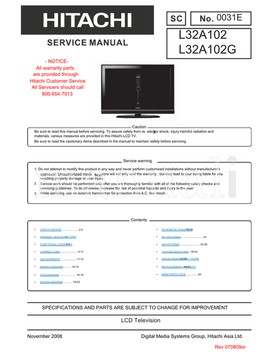Hitachi L32A102 L32A102G 0031E (65 pages) TV Service Manual