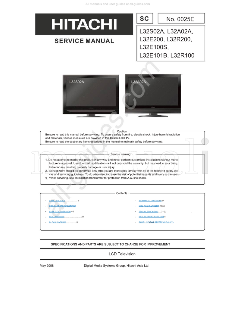 Hitachi L32S02A 0025E L32A02A L32E200 L32R200 L32E100S L32E101B (45 pages) TV Service Manual